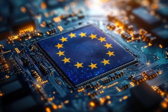 Close-up view of a computer microchip featuring the European Union flag, surrounded by glowing circuitry on a blue motherboard board symbolizing advanced technology and unity