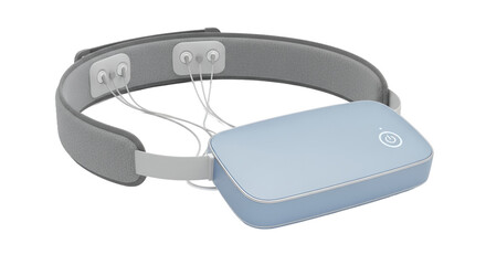 Modern Neurostimulation Device With Gray Headband and Blue Control Unit on Clean White Background For Advanced Brain Stimulation and Therapeutic Application