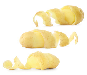 Fresh potatoes with peels isolated on white, set