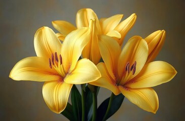 Obraz premium Close-up of vibrant yellow lilies with detailed petals and dark anthers against a soft blurred background, evoking freshness and natural beauty