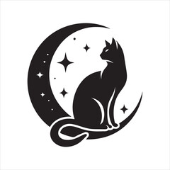 Majestic Black Cat Silhouette on Crescent Moon with Stars.