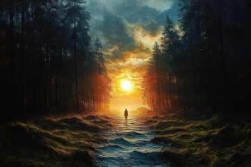 Solitary figure walking along a forest path illuminated by golden sunset light breaking through dense tall trees under dramatic cloudy sky