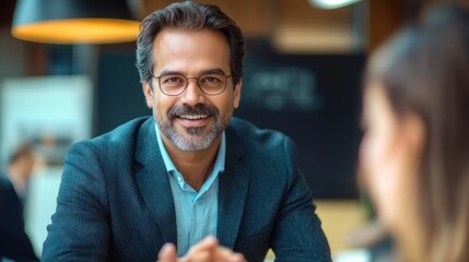 Fototapeta premium Smiling middle-aged man with glasses and beard sitting at a table engaging in conversation with a woman in a warmly lit modern interior