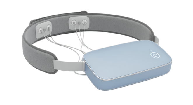 Modern Neurostimulation Device With Gray Headband and Blue Control Unit on Clean White Background For Advanced Brain Stimulation and Therapeutic Application