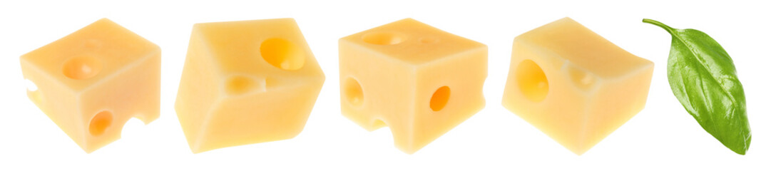 Cheese cubes and green basil leaf isolated on white, set