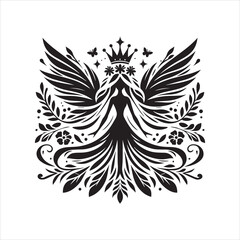 Fototapeta premium Ornate Silhouette of a Crowned Figure with Wings and Floral Accents.