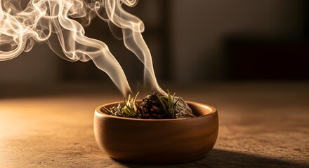 Smoldering Healing Herbs in Bowl with Curling Smoke Trails