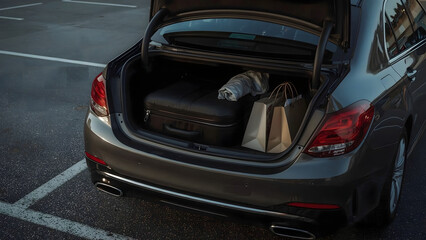 Gray car trunk open, filled with luggage and shopping bags, parked in a parking lot.