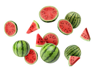 Fresh watermelons in air against white background