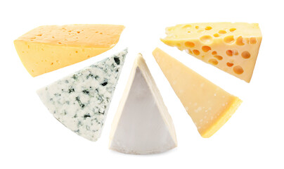 Different kinds of cheese isolated on white, set