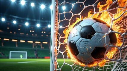 Naklejka premium Fiery soccer ball scores goal in stadium net fire