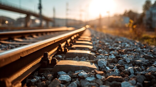 Close up and selective focus photo of railway track or railroad or rel kereta api with morning sunlight. : Generative AI.