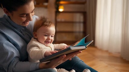 Mother reading a book to her happy baby in a cozy living room - Powered by Adobe