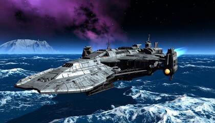 Futuristic spacecraft over icy ocean
