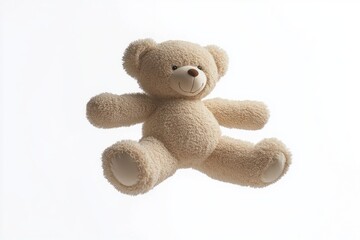 Soft beige teddy bear with outstretched arms and legs smiling gently against a plain white background, evoking warmth and comfort