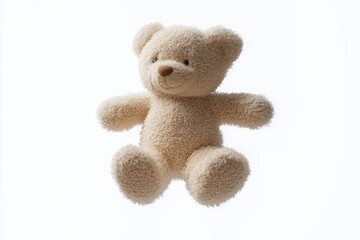 Soft beige teddy bear plush toy with outstretched arms and legs, sitting with a gentle and friendly expression on a white background