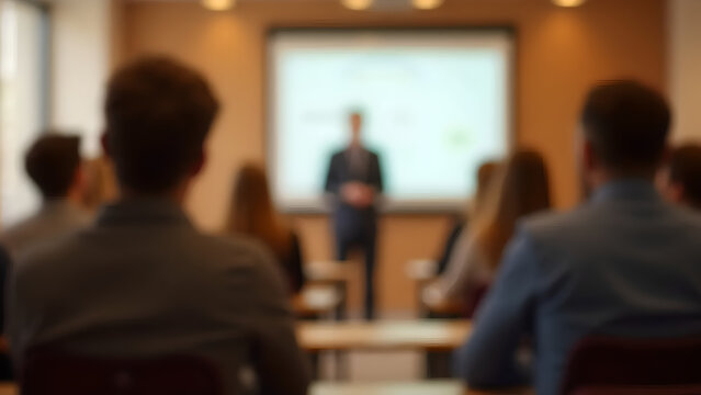 A high-angle blurred shot from the back of a modern conference room shows the blurred silhouettes of young businesspeople listening to a presentation, with a projector screen visible in front. - Powered by Adobe