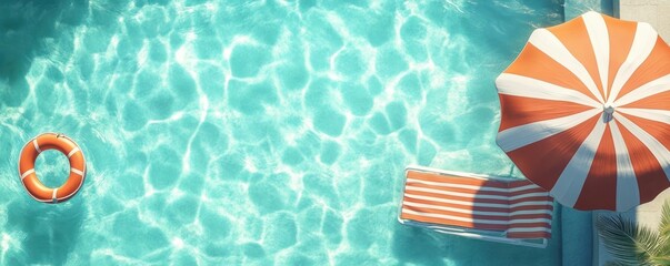 Clear turquoise swimming pool with sunlight reflections, an orange and white striped umbrella shading a matching lounge chair, and an orange life ring floating on water