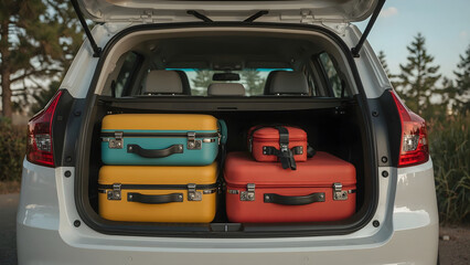 Open car trunk filled with stacked colorful suitcases, ready for a trip.
