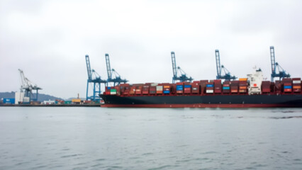 Blurred image of a busy port filled with cargo containers, cranes and large container ships moored in the middle of the sea.