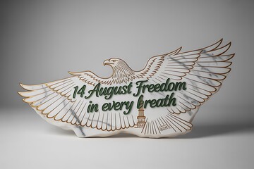 Elegant marble eagle emblem with gold trim proclaims "14 August Freedom in every breath" commemorating national pride and liberty.