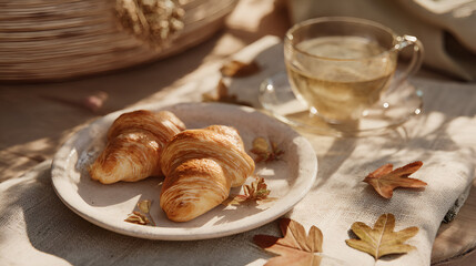 Breakfast Still Life: Two croissants, a cup of tea, and autumn leaves on a light, neutral tablecloth.