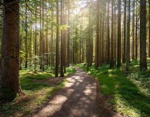 Obraz premium a sun dappled path winds through a dense coniferous forest tall trees lining the way