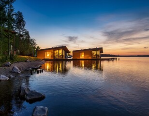 Fototapeta premium luxurious waterside cabins at twilight