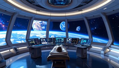 Futuristic spaceship cockpit with panoramic views of space