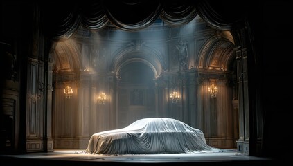 Elegant Car Covered with Cloth on Ornate Theater Stage &ndash; Dramatic Lighting and Luxurious Atmosphere