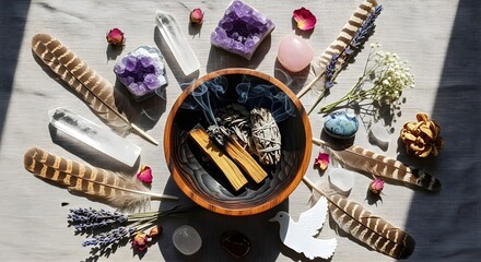 Spiritual Flatlay with Burning Herbs, Wooden Bowl, and Smoke