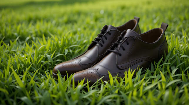 bast shoes on green grass background