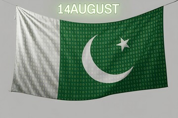 Pakistan's digital future shines bright on August 14th, celebrating innovation and national pride with a unique binary code flag design