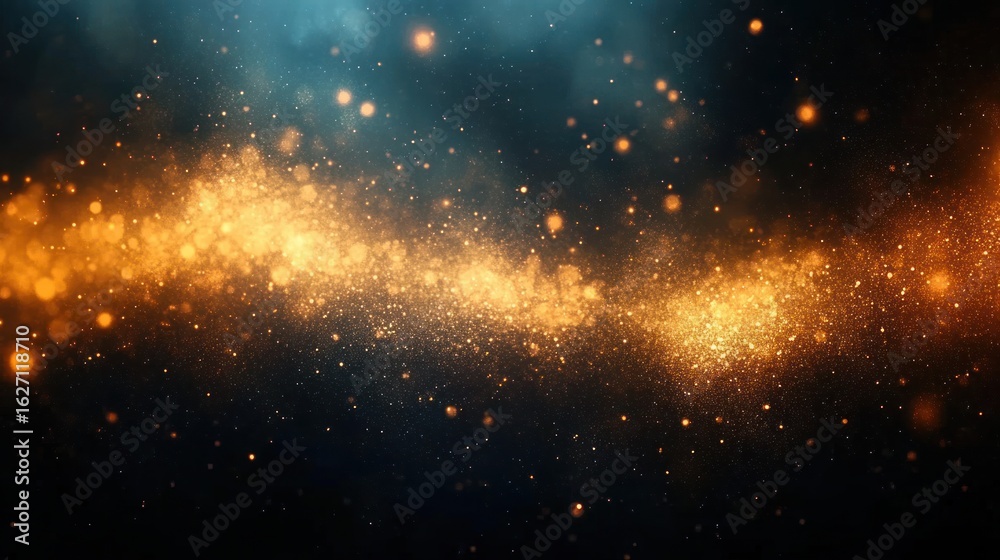 Wall mural glowing golden particles and dust floating in dark space with subtle blue highlights creating a magi