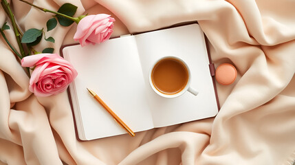 Flat lay of an open planner with a golden pen, cup of frothy coffee, pink roses, macaron, and cozy beige textiles, creating a soft and elegant workspace vibe