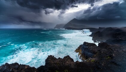 dramatic coastal scene under a stormy sky vast dark volcanic landscape meets a powerful turquoise ocean a mystical otherworldly atmosphere