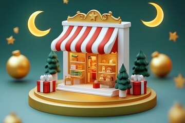 Miniature festive shop with striped red and white awning, warm glowing interior, decorated with small Christmas trees and wrapped gift boxes under crescent moons and golden stars