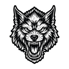 Angry wolf head illustration – black and white aggressive wolf design for tattoo, t-shirt and mascot use
