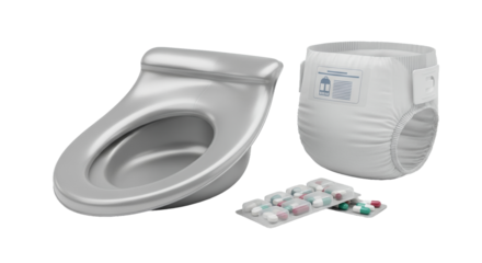 Silver Bedpan with Disposable Diaper and Blister Pack of Pills in a Clean Composition Featuring Healthcare and Personal Hygiene on White Background