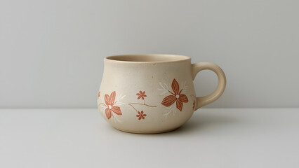 A ceramic mug with a floral design sits on a white surface against a neutral background.