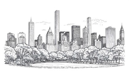 Pen sketch of New York City skyline with Central Park
