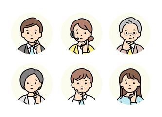 悩んでいる様々なビジネスパーソンのアイコン素材