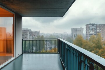 Empty modern balcony overlooking a rainy cityscape with cloudy skies and autumn trees, showing distant apartment buildings and urban environment