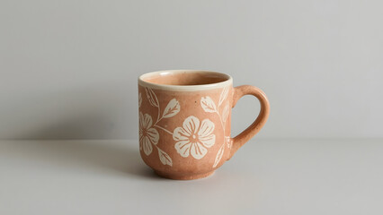 A close-up photograph of a ceramic mug with floral design.