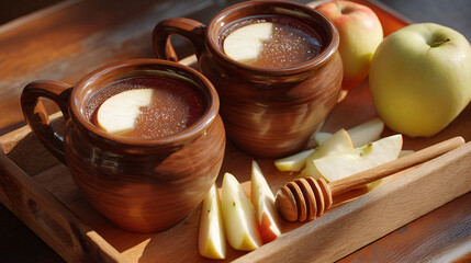 Warm apple cider served in rustic mugs with fresh apple slices and honey dipper on a wooden tray.
