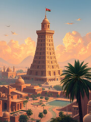 Ancient city of Babylon with the tower of Babel, bible and religion, new testament, speech in different languages,Illustration, Tower, Palm Tree.  technology