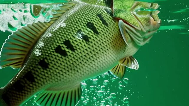 Close up of a green fish swimming underwater with its mouth open surrounded by bubbles in water green screen animal video