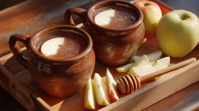 Warm apple cider served in rustic mugs with fresh apple slices and honey dipper on a wooden tray.