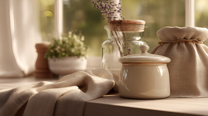 Still life featuring a ceramic jar, fabric sack, glass vase with flowers, and a small potted plant