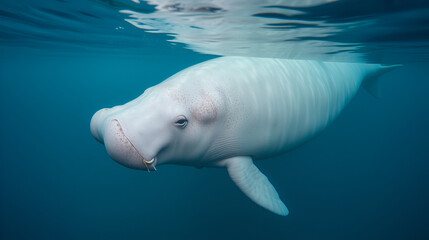 Fototapeta premium Calm dugong near the ocean surface. Cute marine animal. Rare sea mammal (Dugong dugon)